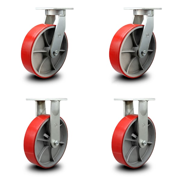 12 Inch Heavy Duty Red Poly on Cast Iron Wheel Caster Swivel 2 Rigid SCC, 2PK
